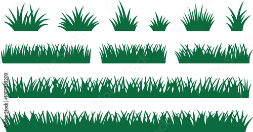 Various green grass tufts and borders are arrayed on a white transparent background in the scene