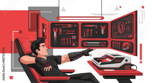 Futuristic mechanic working in a high-tech garage with advanced equipment control panel workstation