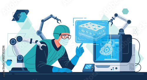 Futuristic medical lab setup with robotic arms and digital analysis for advanced research