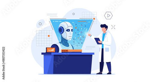 Futuristic robot research with scientist interaction and data visualization technology