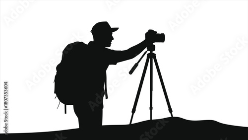 Silhouette of Adventurous Travel Vlogger Capturing Scenic Views with Professional Camera and Tripod on Outdoor Expedition - Black and White Vector Illustration for Blogging
