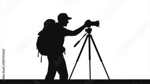 Silhouette of a travel vlogger and photographer with a backpack using a camera on a tripod. Isolated vector illustration for content creation, adventure, and filmmaking concepts.