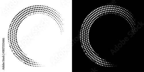 Halftone Circular Dot Pattern. Circle Frame using Halftone Dots Raster Texture. Polka Dots. Spiral logo Icon. Radial design element. Vector Illustration.