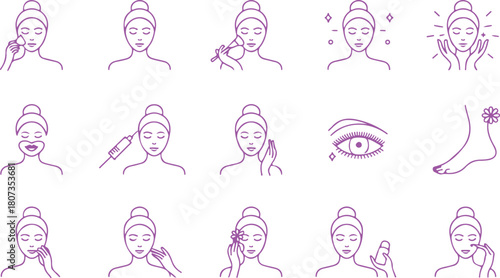 Various pink icons depict skincare steps, including face mask application and cosmetic product use, with transparent background