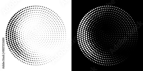 Halftone Circular Dot Pattern. Circle Frame using Halftone Dots Raster Texture. Polka Dots. Spiral logo Icon. Radial design element. Vector Illustration.