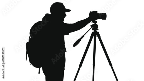 Travel Vlogger Photographer Silhouette: Man with Camera, Tripod & Backpack Capturing Moments, Adventure, Content Creation, Outdoor Exploration. Isolated Vector.