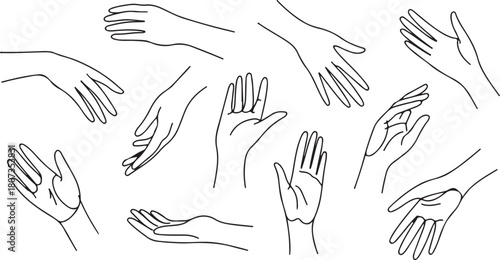 Various simple black line drawings showcase diverse positions and expressions of human hands on white