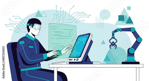Futuristic workspace concept with a human engineer interacting with advanced technology and robotics