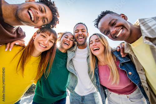 Photography Happy multiracial friends having fun on city street - Group of young people smil