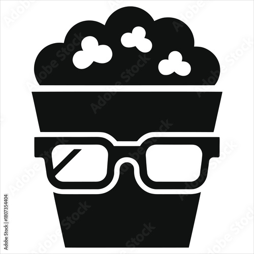 Black and White Popcorn Bucket with 3D Glasses Icon – Minimalist Cinema Snack Combo Illustration for Movie Theater, Entertainment, Film Night, Film Buffs, or Home Cinema Viewing Graphics