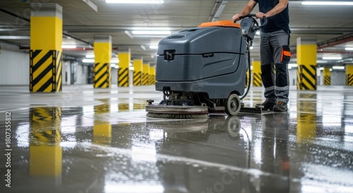 Floor cleaning machine in use at indoor parking area for vehicles