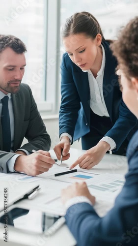 Group of business professionals discussing documents and charts during a meeting in a bright, modern office. Teamwork, strategy, and cooperation for successful business outcomes.
