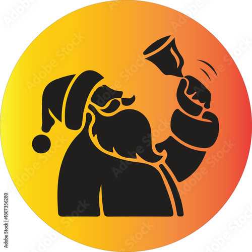 Santa claus silhouette ringing a bell in festive orange circle