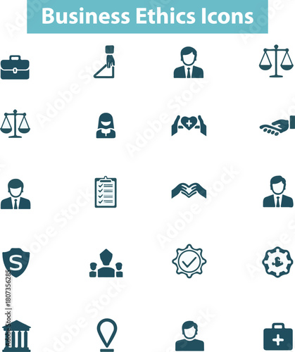 Business ethics icon set. featuring Compliance, fairness, integrity, loyalty, trust, equality, code of conduct, Core Values, honesty, anti corruption, 
