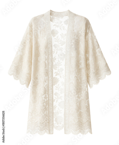 Lace kimono featuring scalloped edges and floral designs for romantic looks.