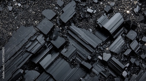 Polished black obsidian shards embedded in a shimmering dark matrix creating a textured geological background