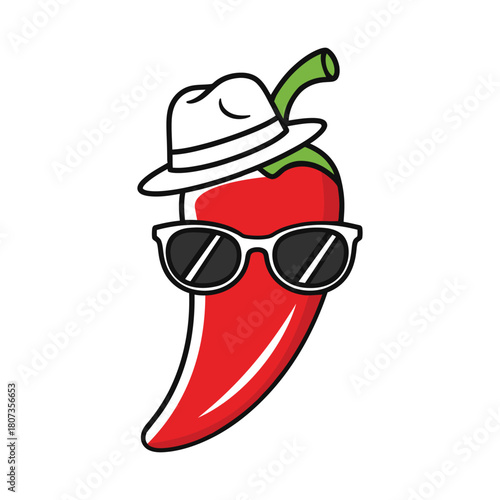 Red Chili Pepper Character with Sunglasses and Fedora Hat Vector illustration.eps