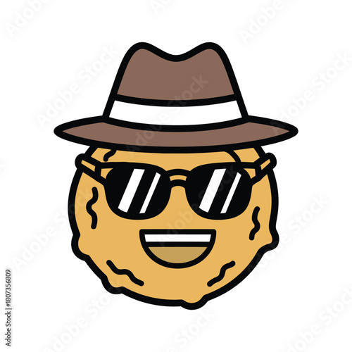 Round Cracker Biscuit Character with Aviator Sunglasses and Fedora Vector Illustration.eps