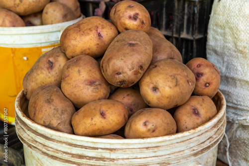 Bucket of Fresh Potatoes(Solanum tuberosum)on Sale at a Kenyan Market
A bucket filled with fresh potatoes displayed for sale at a local Kenyan market, highlighting farm-fresh produce
