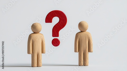 Two wooden figures stand facing each other, with a large red question mark between them, symbolizing inquiry or uncertainty.