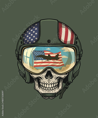 American Fighter Pilot Skull in Helmet with Airplane and Flag Reflected in Goggles Illustration