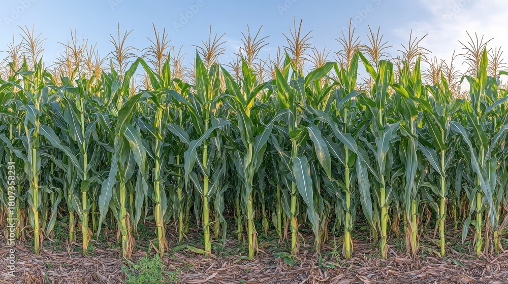 Fototapeta premium Rows of organic corn stalks standing tall in a field of green
