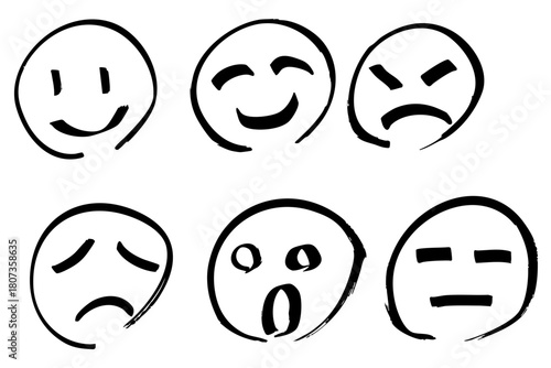 手描き顔文字セット｜表情アイコンの線画イラストコレクション