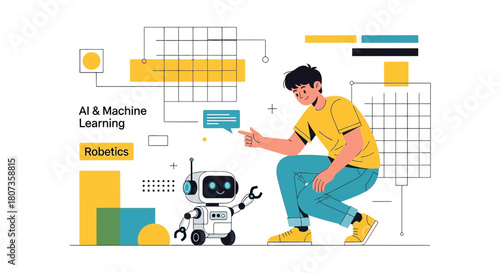 A futuristic collaboration: Young man and his robot companion exploring new technological horizons