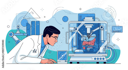 Advanced biomedical engineering illustration showcasing robotic surgery and organ printing