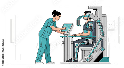 Advanced rehabilitation technology: A nurse assisting a patient with robotic exoskeleton therapy