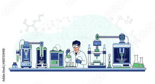 Advanced scientific research and development laboratory with automated machines and researcher