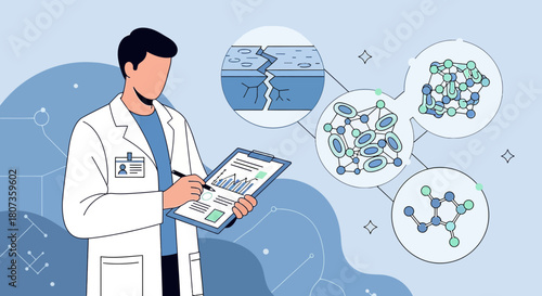 Analytical scientist analyzing charts and molecular structures in laboratory background illustration