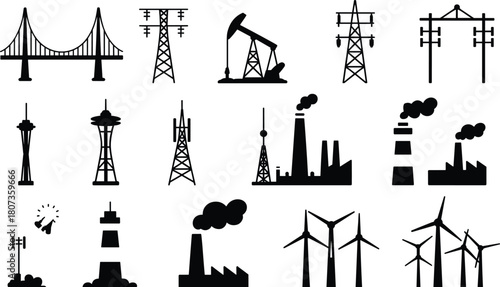 Industrial and infrastructure icon set, energy towers, factories, wind turbines, oil pump, bridge silhouettes for engineering, construction, utility, and power concepts