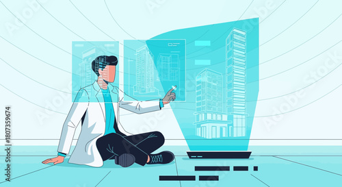 Architect in virtual reality designing modern buildings using augmented technology interaction