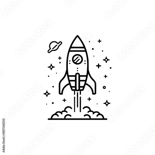 Rocket launch isolated on with stars and planet in space