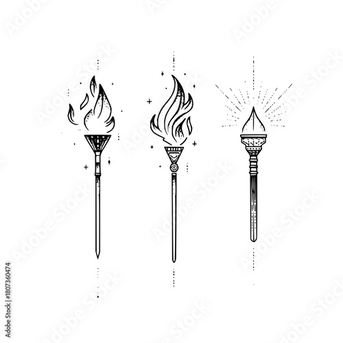 Three torches with flames are burning, isolated on