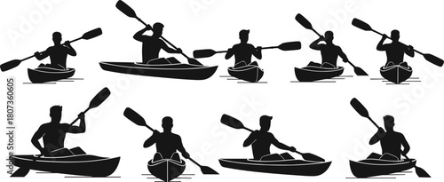 Kayaking silhouettes, paddle poses, black vector, water sport, outdoor activity, dynamic motion, minimal style, adventure design, graphic set, athlete icon