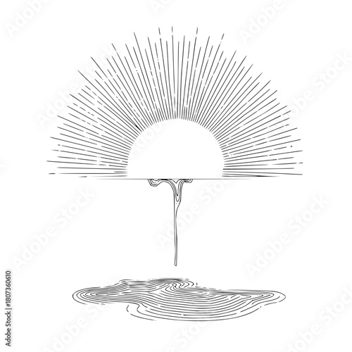 Minimalist sunrise illustration with water drop isolated on