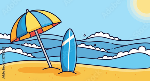 Cartoon summer beach scene with a surfboard umbrella and ocean waves illustration