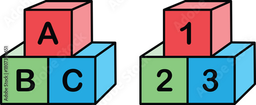 Preschool number 123 and ABC blocks icons set. Preschool learning, childhood, education, concept. 3d render illustration isolated on transparent background. Education cubes for creative design.