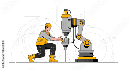 Automated industrial process illustration showcasing a worker interacting with advanced robotics