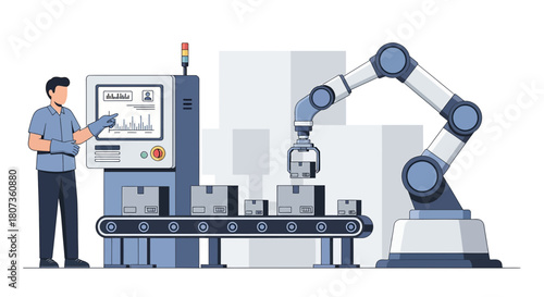 Automated industrial process with robotic arm and operator monitoring production data visualization