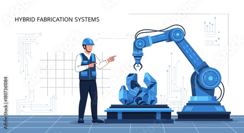 Automated industrial production process with robotic arm and engineer for efficiency and precision