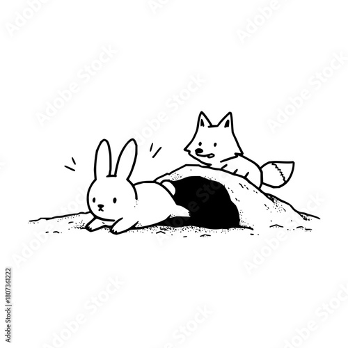Cute fox and rabbit near burrow isolated on illustration