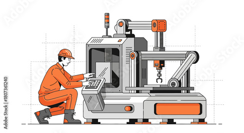 Automated manufacturing process featuring an industrial robot controlled by a skilled engineer