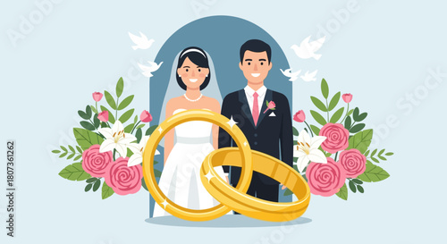 Elegant wedding illustration featuring a bride, groom, rings and floral accents