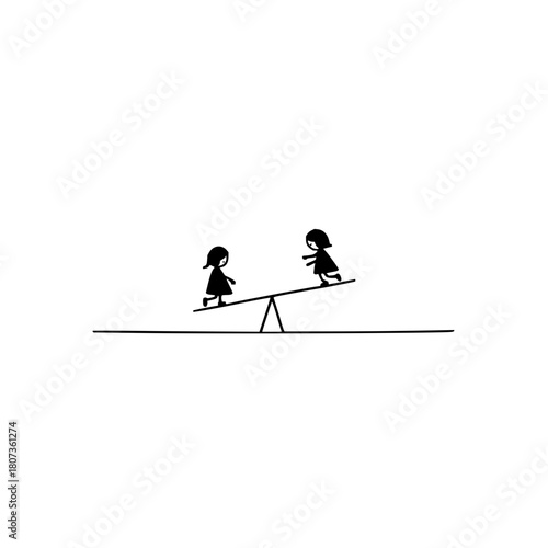 Two little girls playing on a seesaw isolated on
