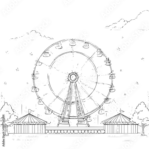 Sketch of a ferris wheel and tents isolated on