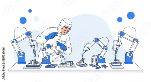 Automated precision assembly line with robotic arms and protected technician contributing to