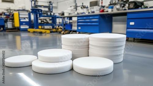 Stacks of thick white industrial absorbent pads arranged on a clean factory floor